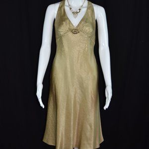 Jones New York size 8 Shimmering Gold 100% Silk V-Neck Halter Top Dress